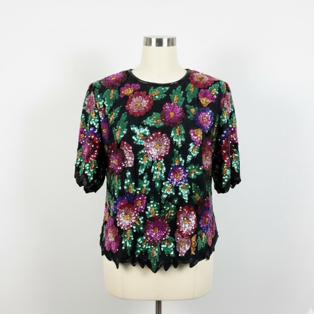 Vintage 1980s Beaded Floral Sequin Top Sparkly Blouse Evening Glam Art Deco Med